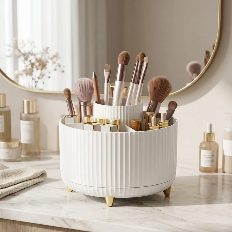 360° Rotating Makeup Organizer Storage Box Cosmetic Brush Holder Lipstick Jewelry Container White