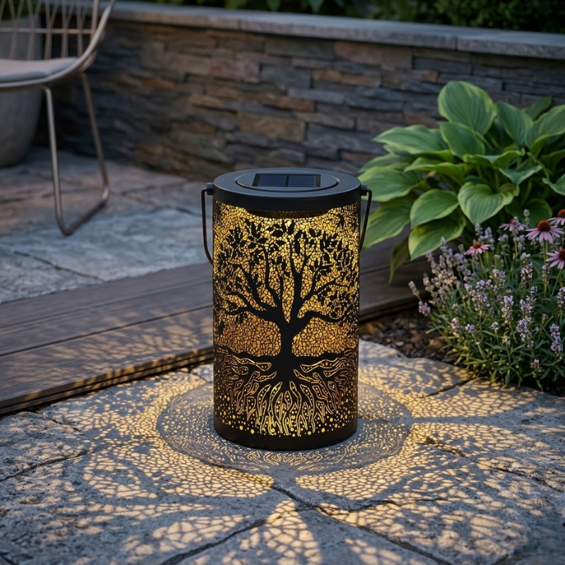 Solar Hanging Lantern Tree Pattern LED Outdoor Garden Light Metal Decorative Lamp Black