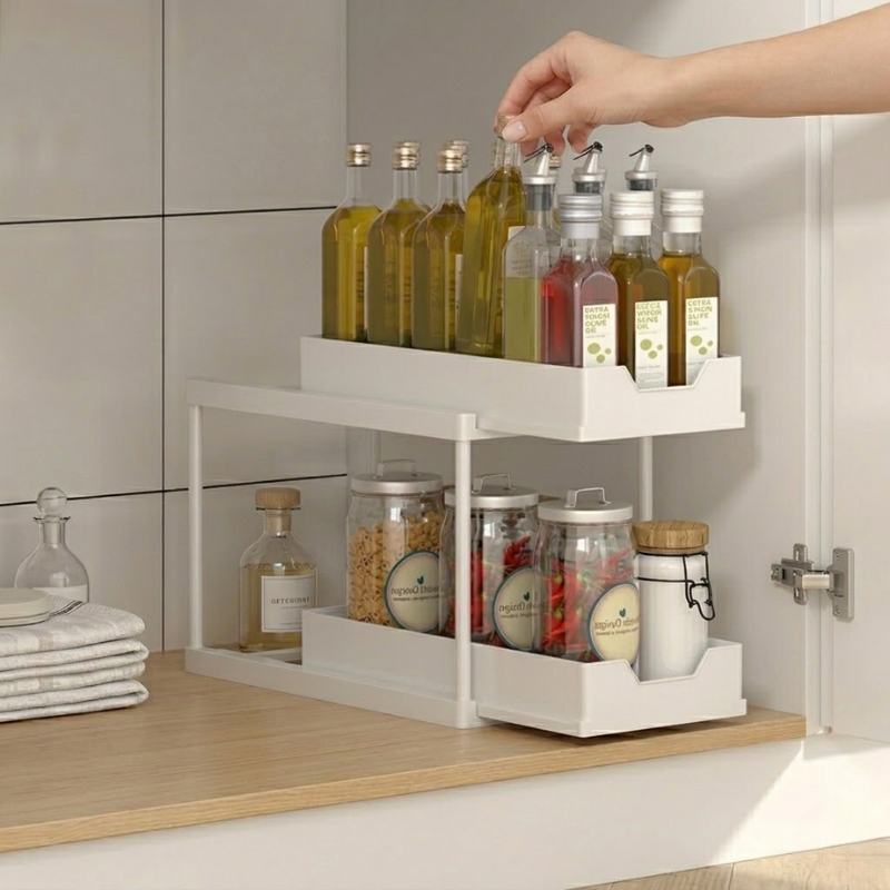 Double Layer White Pull Out Storage Rack Under Sink Organizer with Hooks