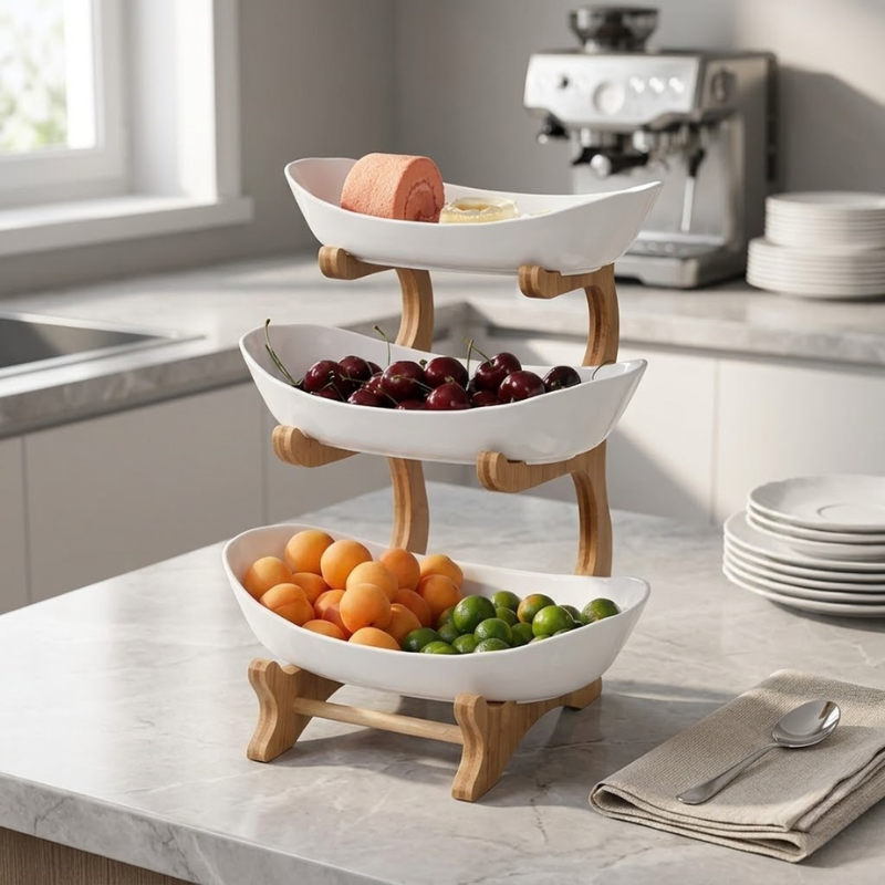 3 Tier White Fruit Tray Stand Partitioned Serving Plate Snack Dessert Display