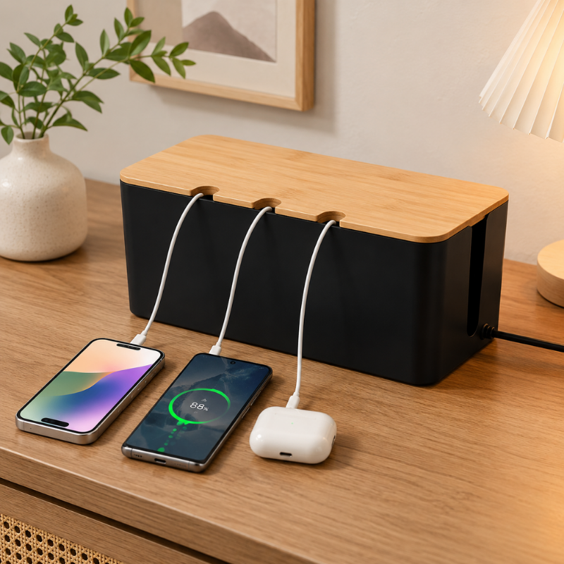 Small Cable Management Box Black with Wooden Style Cover Cord Organizer