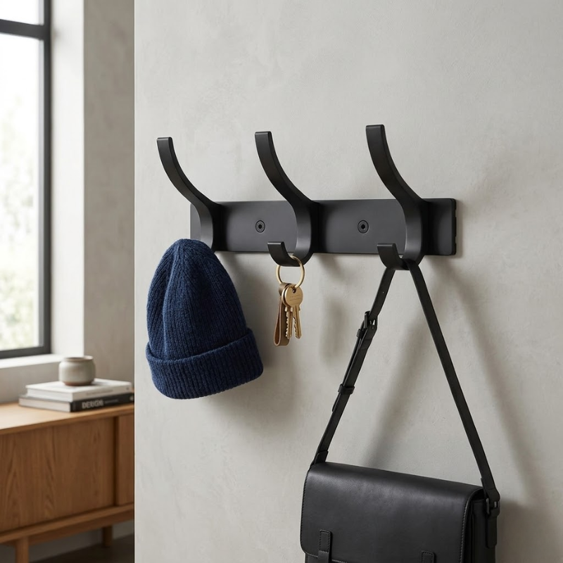 3 Hook Wall Mounted Coat Hook Rack Aluminum Towel Hanger Black