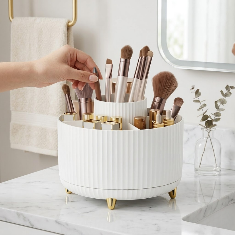360° Rotating Makeup Organizer Storage Box Cosmetic Brush Holder Lipstick Jewelry Container White
