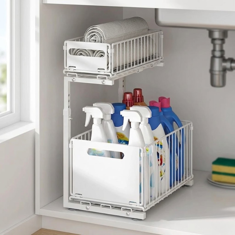 2 Tier White Pull Out Cabinet Organizer Adjustable Under Sink Storage Rack