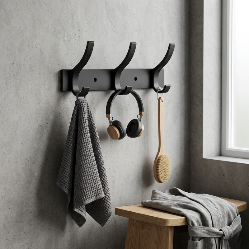 3 Hook Wall Mounted Coat Hook Rack Aluminum Towel Hanger Black
