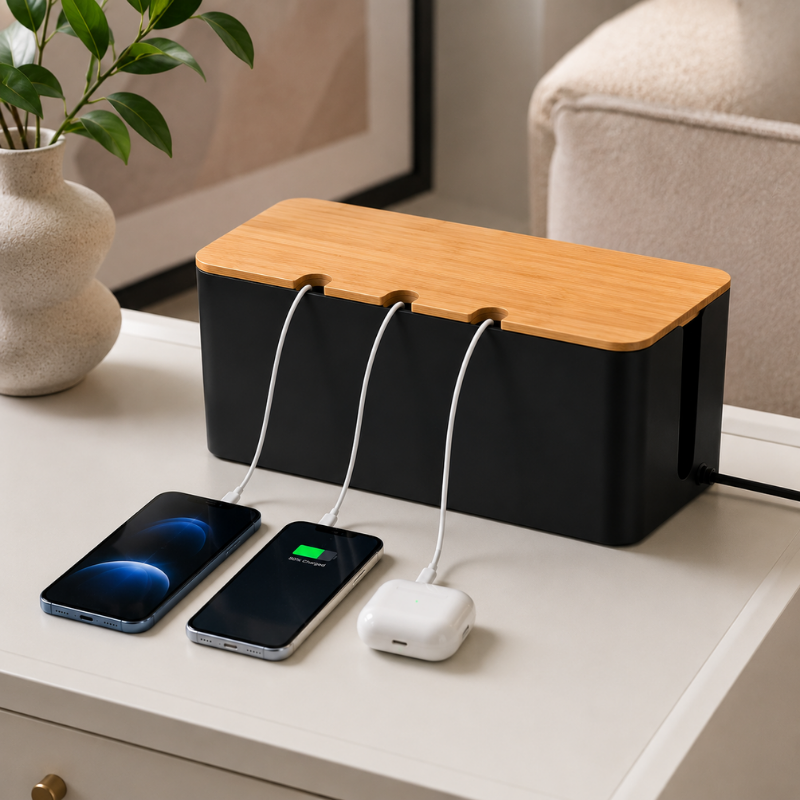 Medium Cable Management Box Black with Wooden Style Cover Cord Organizer