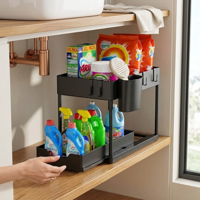 2 Tier Under Sink Organizer Sliding Pull-Out Cabinet Basket Storage Rack with Hooks