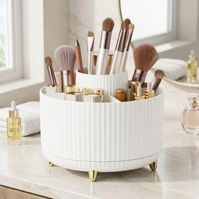 360° Rotating Makeup Organizer Storage Box Cosmetic Brush Holder Lipstick Jewelry Container White