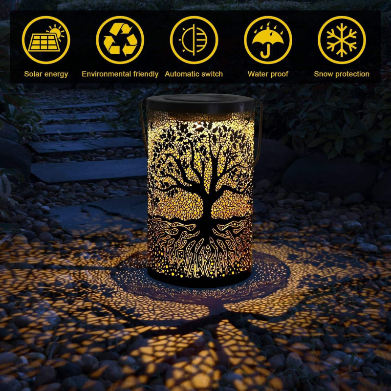 Solar Hanging Lantern Tree Pattern LED Outdoor Garden Light Metal Decorative Lamp Black
