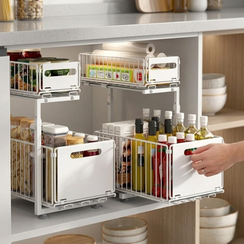 2 Tier White Pull Out Cabinet Organizer Adjustable Under Sink Storage Rack