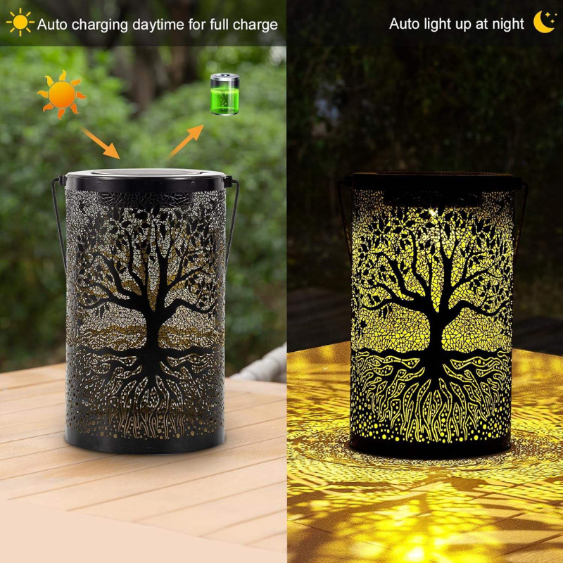Solar Hanging Lantern Tree Pattern LED Outdoor Garden Light Metal Decorative Lamp Black
