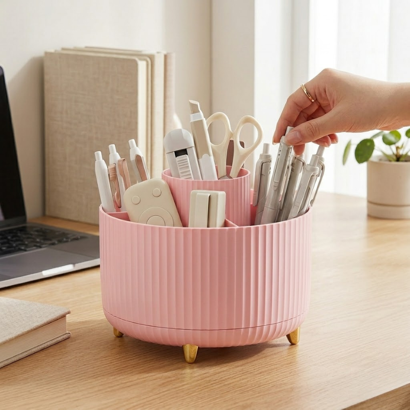 360° Rotating Makeup Organizer Storage Box Cosmetic Brush Holder Lipstick Jewelry Container Pink