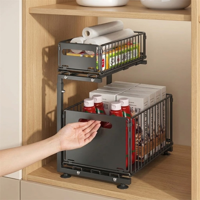 2 Tier Black Pull Out Cabinet Organizer Adjustable Under Sink Storage Rack