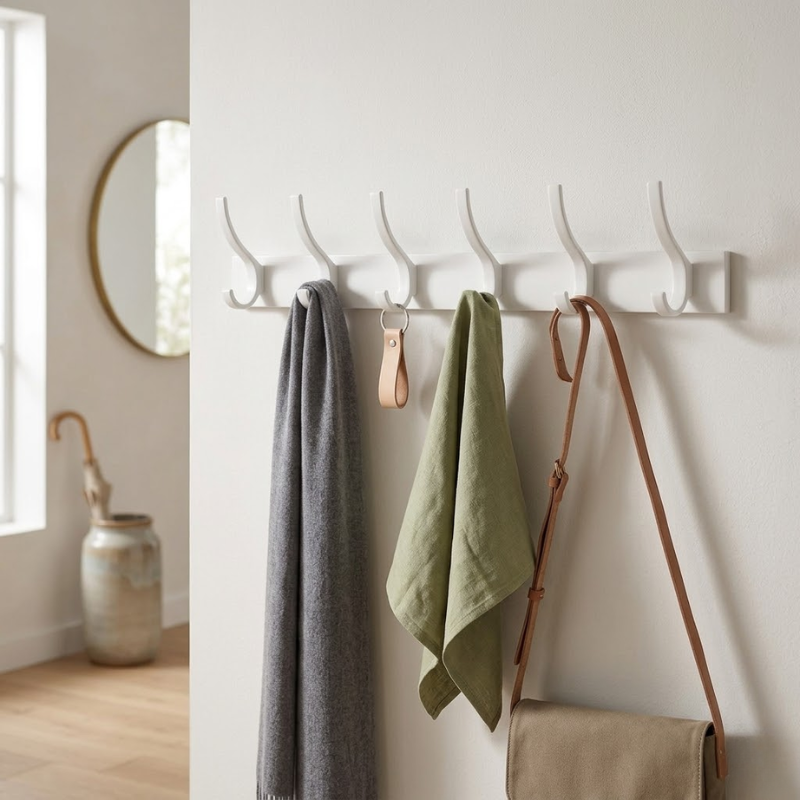 6 Hook Wall Mounted Coat Hook Rack Aluminum Towel Hanger White