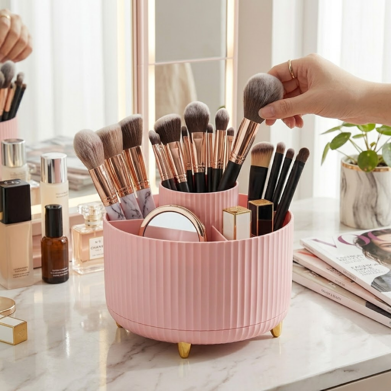 360° Rotating Makeup Organizer Storage Box Cosmetic Brush Holder Lipstick Jewelry Container Pink