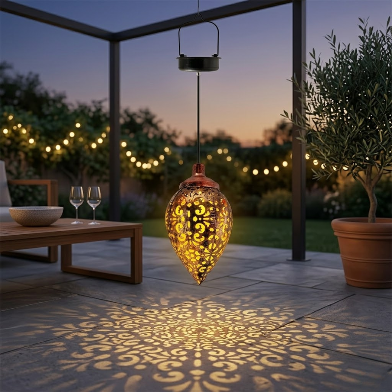 Solar Hanging Lantern Drop Shape Iron Garden Light Outdoor Decorative Lamp Bronze