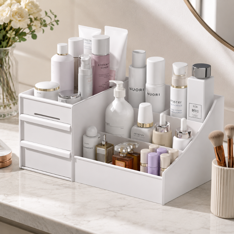 3 Piece White Drawer Makeup Storage Box Desktop Organizer for Cosmetics Skincare