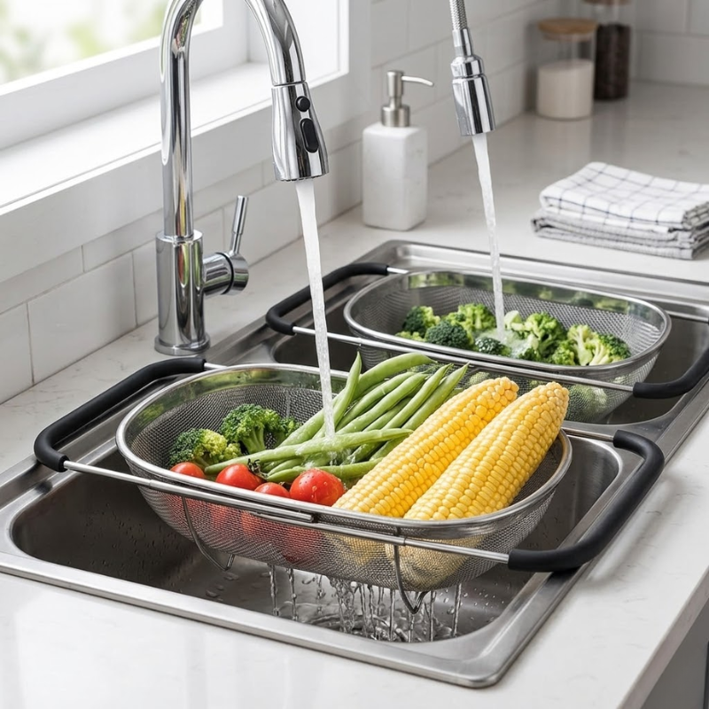 Stainless Steel Retractable Sink Colander Expandable Drain Basket with Rubber Handles