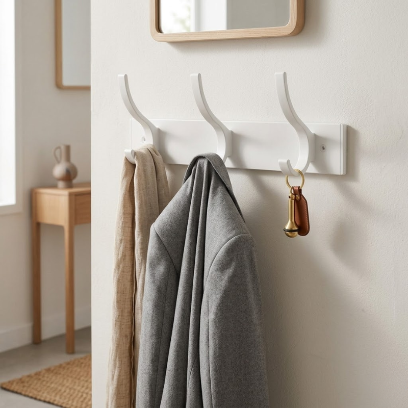 3 Hook Wall Mounted Coat Hook Rack Aluminum Towel Hanger White