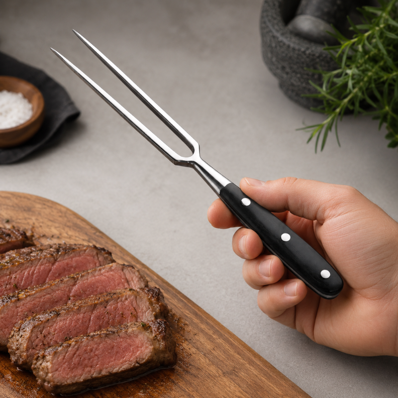Stainless Steel BBQ Fork Black with Wooden Handle Portable Grill Cooking Tool