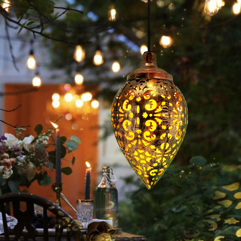 Solar Hanging Lantern Drop Shape Iron Garden Light Outdoor Decorative Lamp Bronze