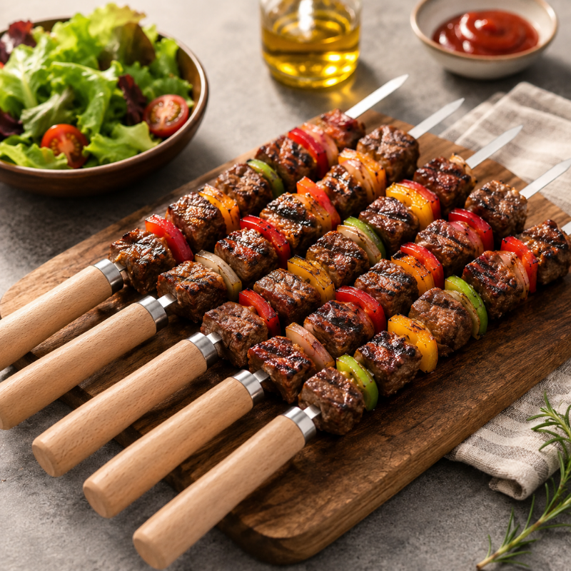 6 Piece Stainless Steel BBQ Skewers with Wooden Handles Grilling Set