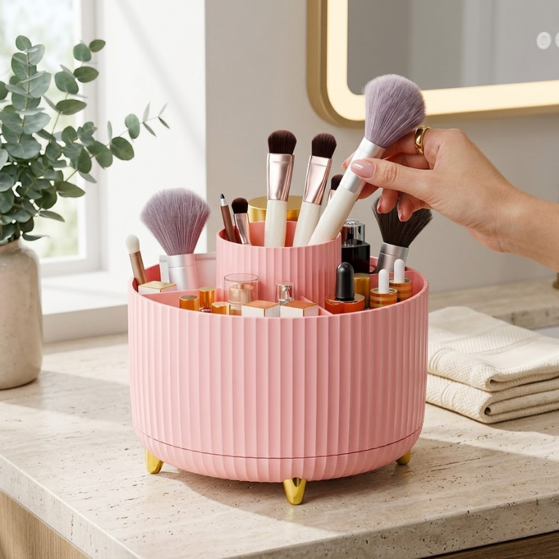 360° Rotating Makeup Organizer Storage Box Cosmetic Brush Holder Lipstick Jewelry Container Pink