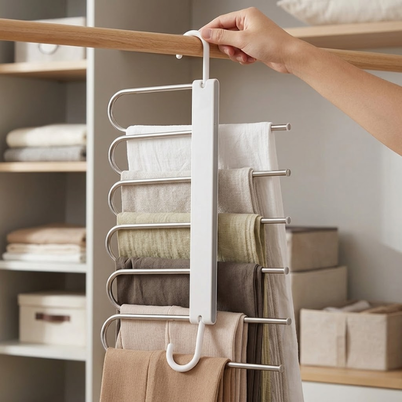 1 Piece 6 Layer Gray Folding Pants Hanger Space Saving Clothes Storage Rack