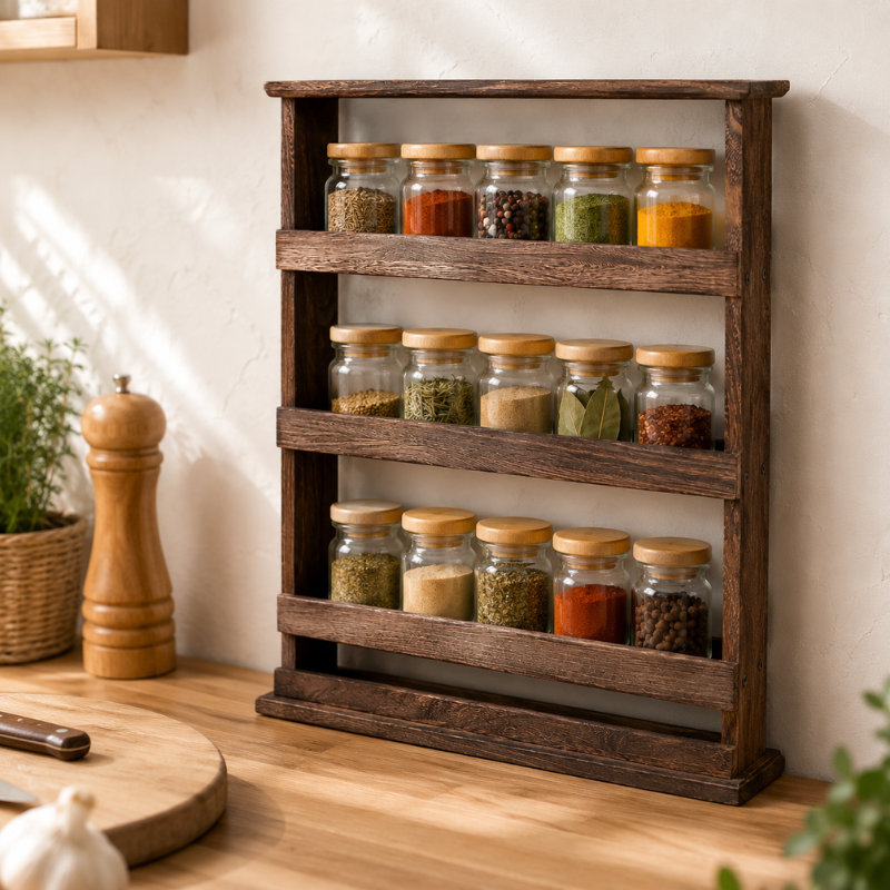 Wall Mounted 4 Tier Wooden Shelf Kitchen Spice Rack Storage Organizer