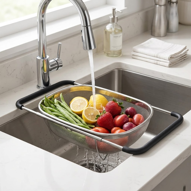 Stainless Steel Retractable Sink Colander Expandable Drain Basket with Rubber Handles
