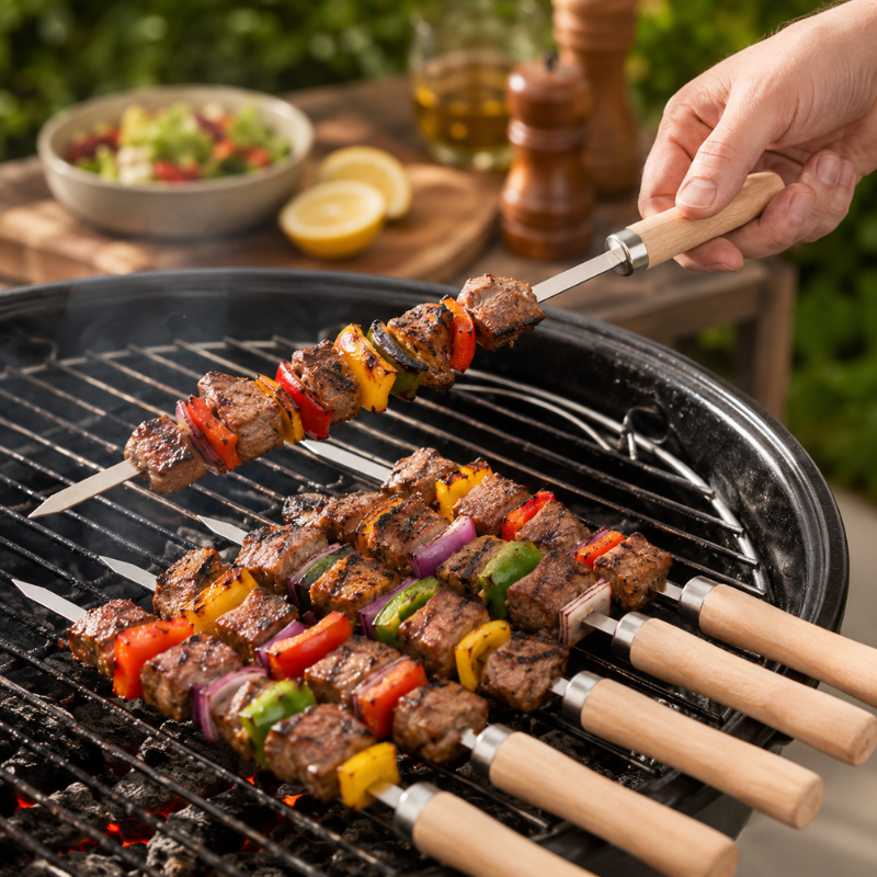 6 Piece Stainless Steel BBQ Skewers with Wooden Handles Grilling Set