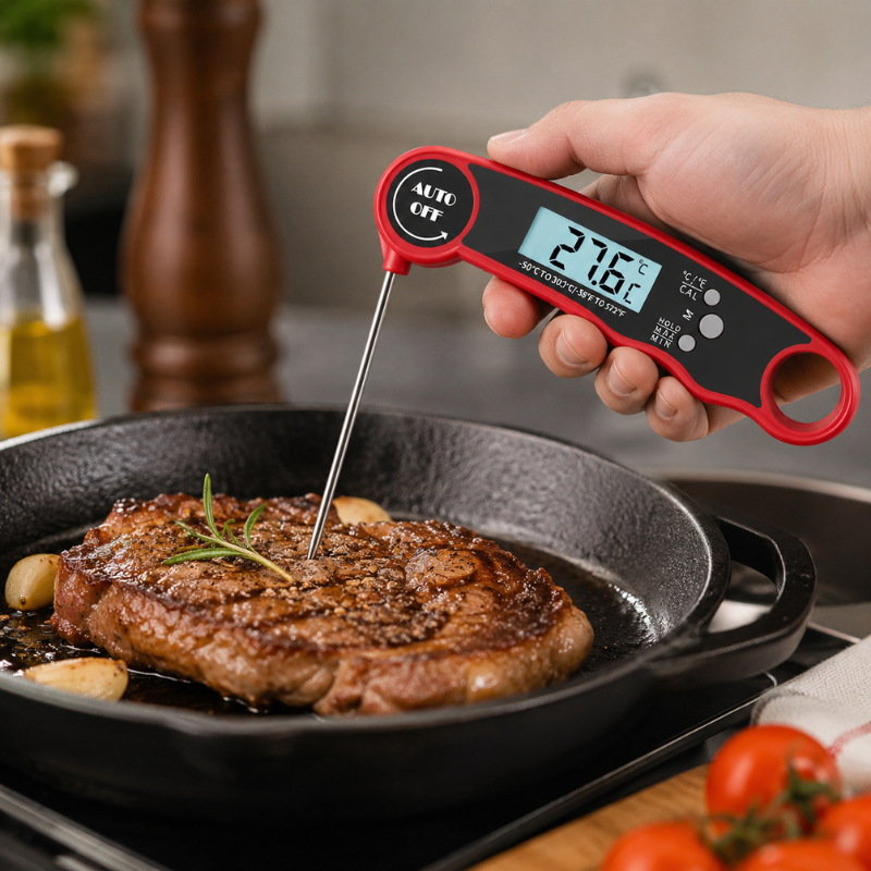 Digital Food Thermometer with Foldable Stainless Steel Probe for BBQ Cooking and Baking
