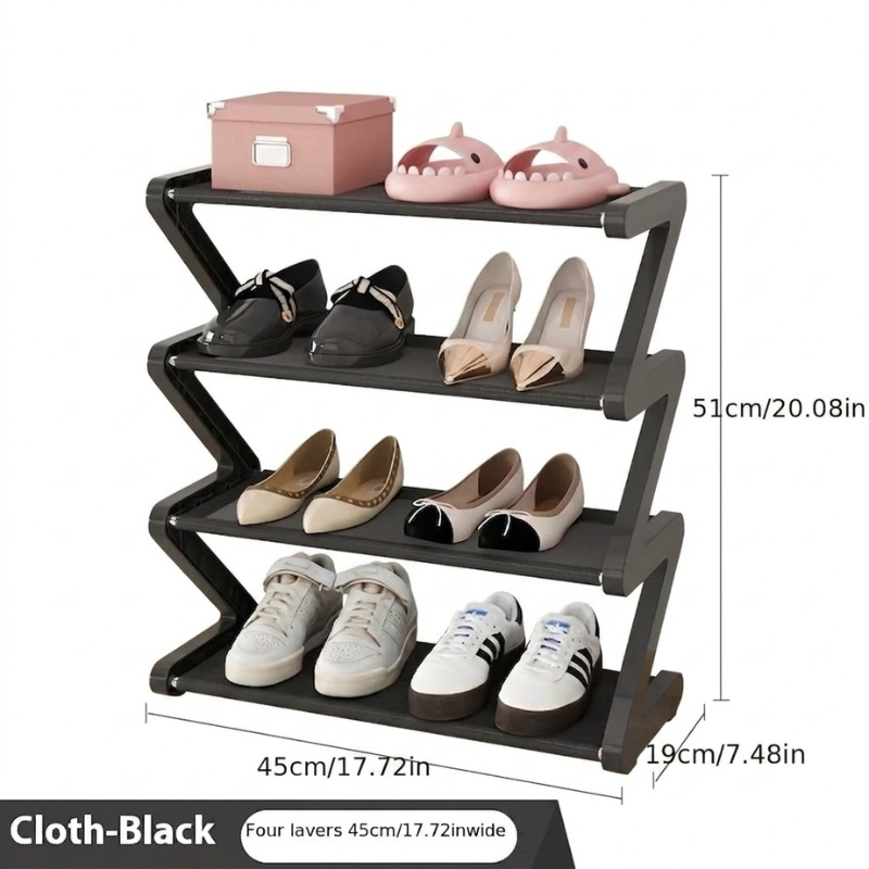 4 Tier Black Z-Shaped Shoe Rack Space-Saving Storage Organizer