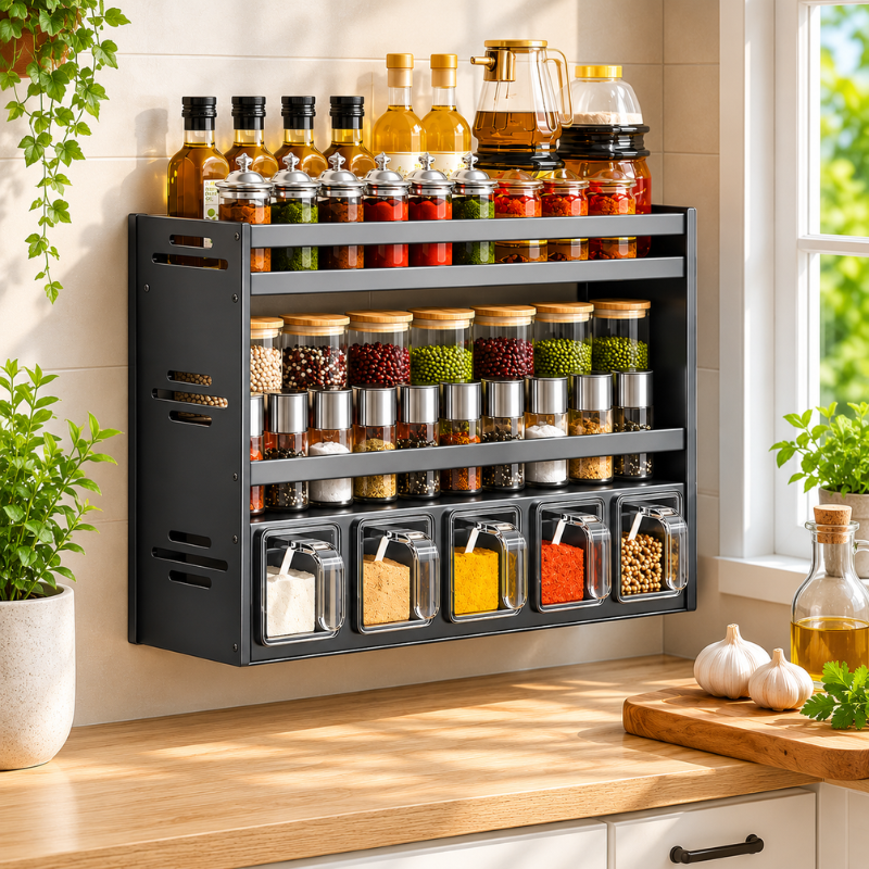 Multi Layer Kitchen Spice Rack Organizer with Storage Containers and Countertop Shelf 39.9cm