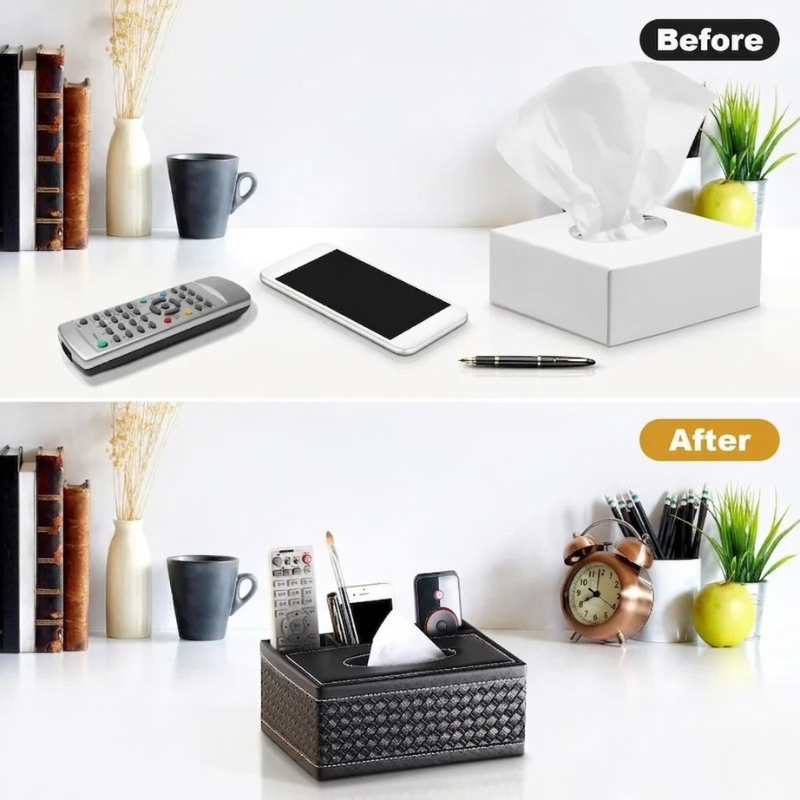 Black Faux Leather Tissue Box Cover with Remote Holder Desktop Organizer