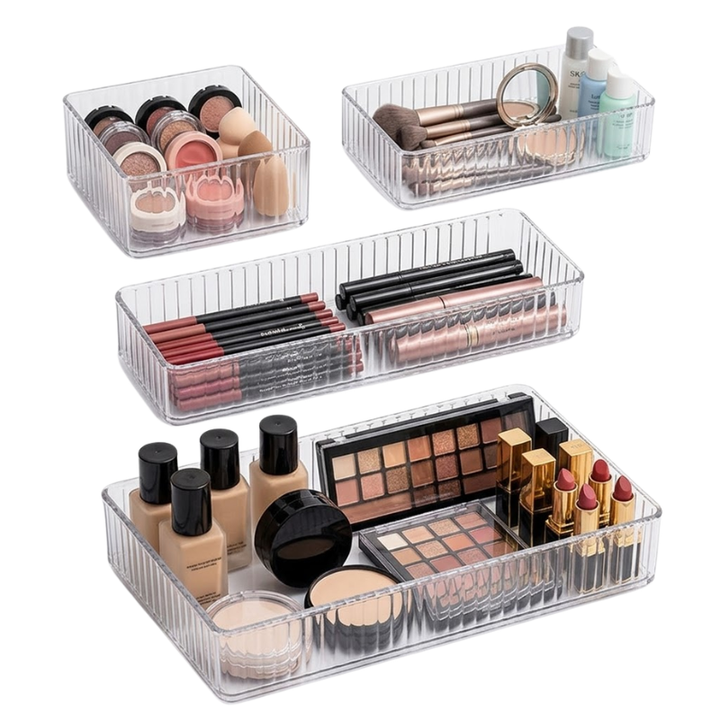4 Piece Clear Drawer Organizer Set Plastic Storage Boxes Multi Size Makeup Bathroom Desk