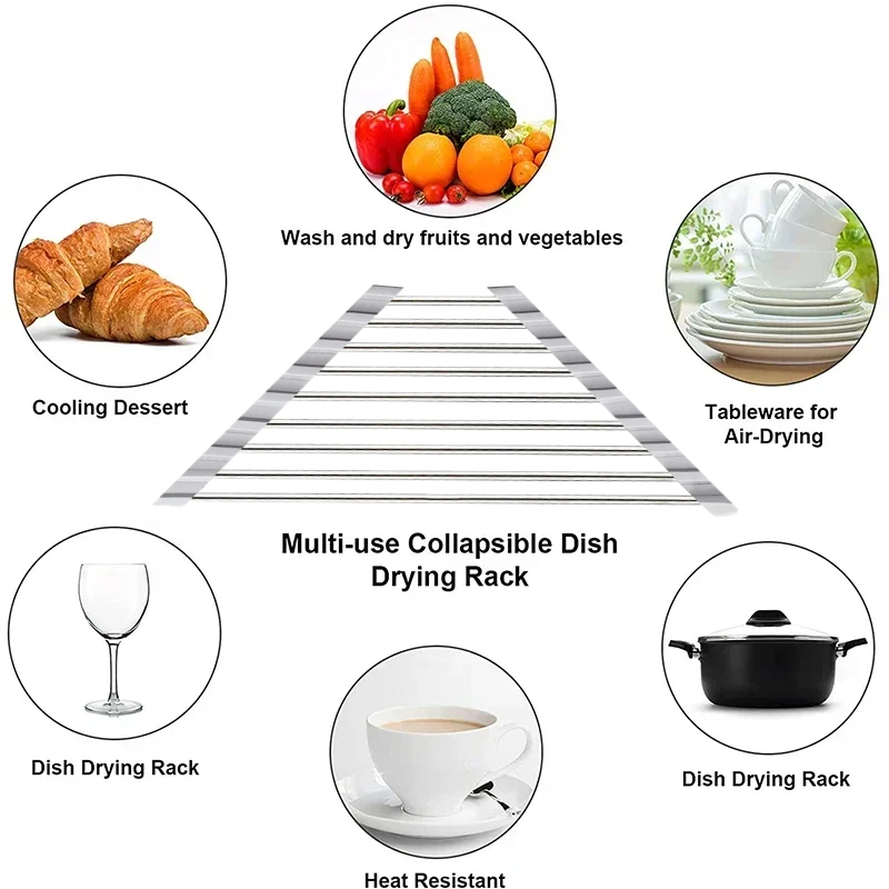 Gray Roll Up Triangle Dish Drying Rack Stainless Steel Corner Sink Organizer