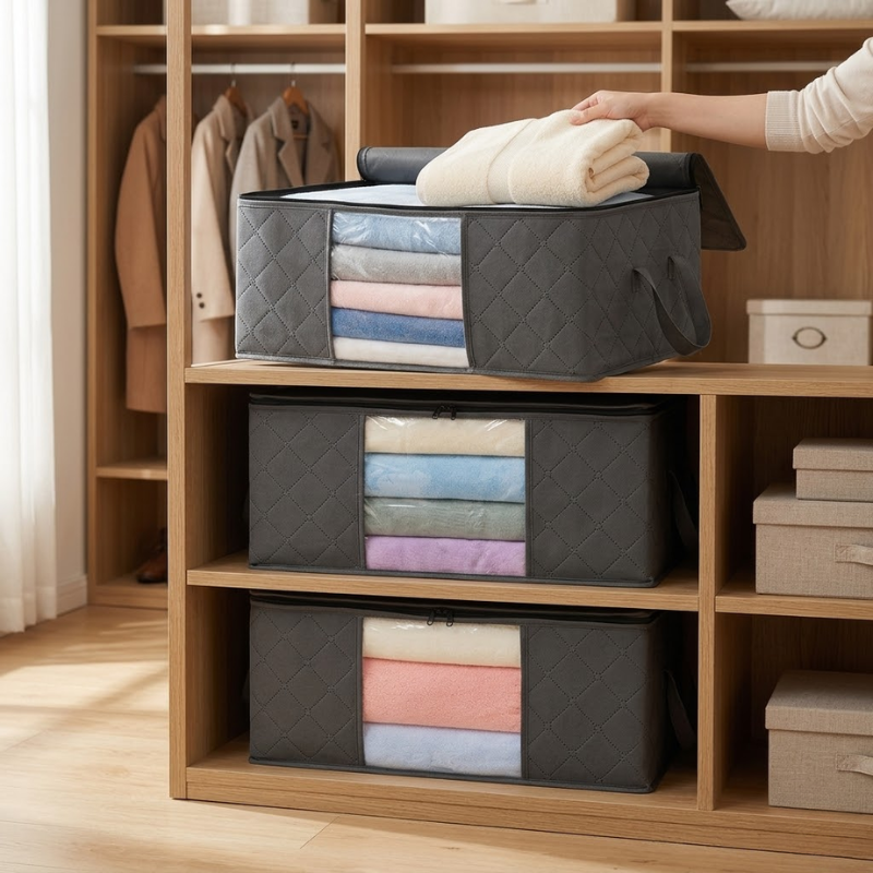 3 Piece 60L Foldable Storage Bag Clothes Blanket Organizer 55x35x32cm with Handle