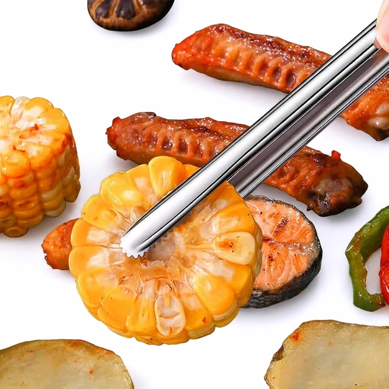 Small Stainless Steel BBQ Tongs Non-Slip Food Clip Kitchen Grill Serving Tool
