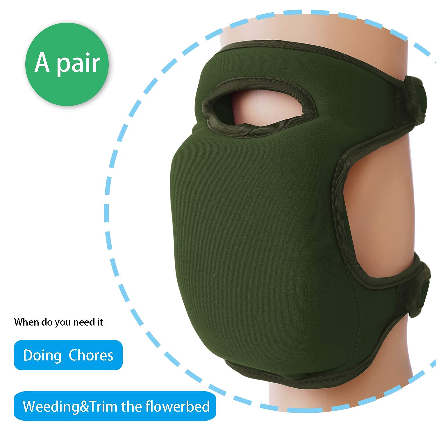 1 Pair Green Gardening Knee Pads Anti-Slip Cushioned Protective Kneepads Adjustable