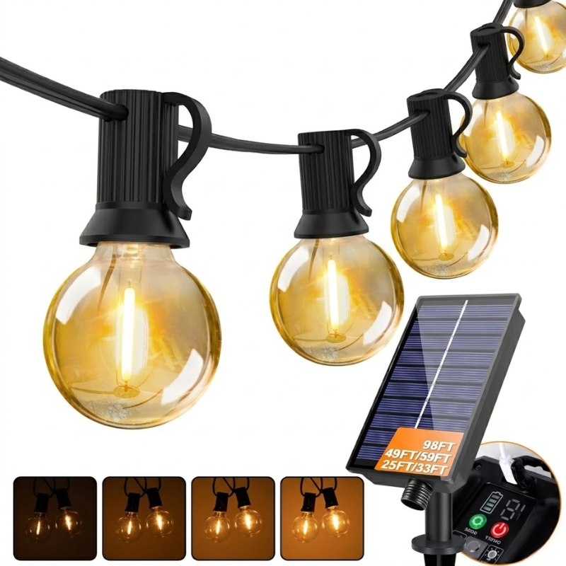 G40 Solar Globe String Lights 25FT 7.6m 10 Bulb Warm White Outdoor Patio Garden Lights