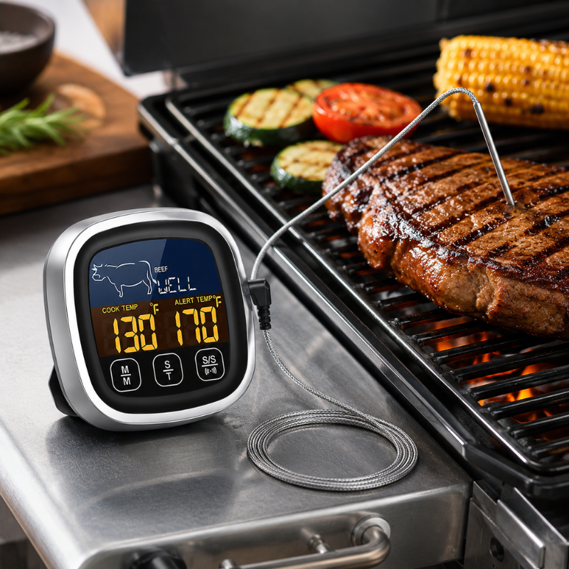 Digital BBQ Meat Thermometer with Stainless Steel Probe and LCD Display for Grill and Oven