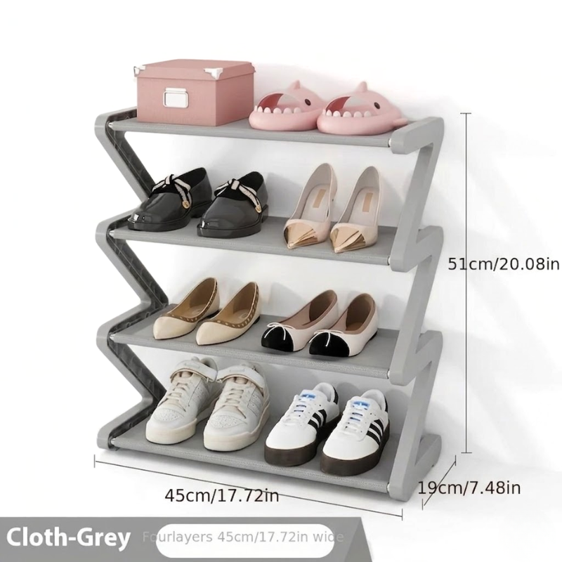 4 Tier Gray Z-Shaped Shoe Rack Space-Saving Storage Organizer