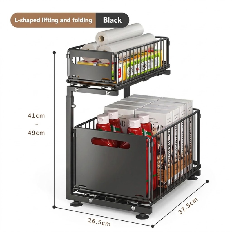 2 Tier Black Pull Out Cabinet Organizer Adjustable Under Sink Storage Rack