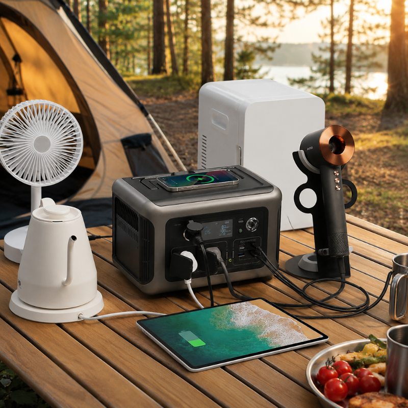 Portable Power Station 299Wh LiFePO4 Battery 600W Outdoor Backup Generator with AC USB-C and Wireless Charging