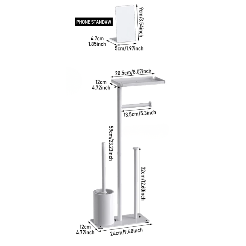 Floor Standing Toilet Paper Holder Stand with Brush and Phone Shelf Storage Rack White