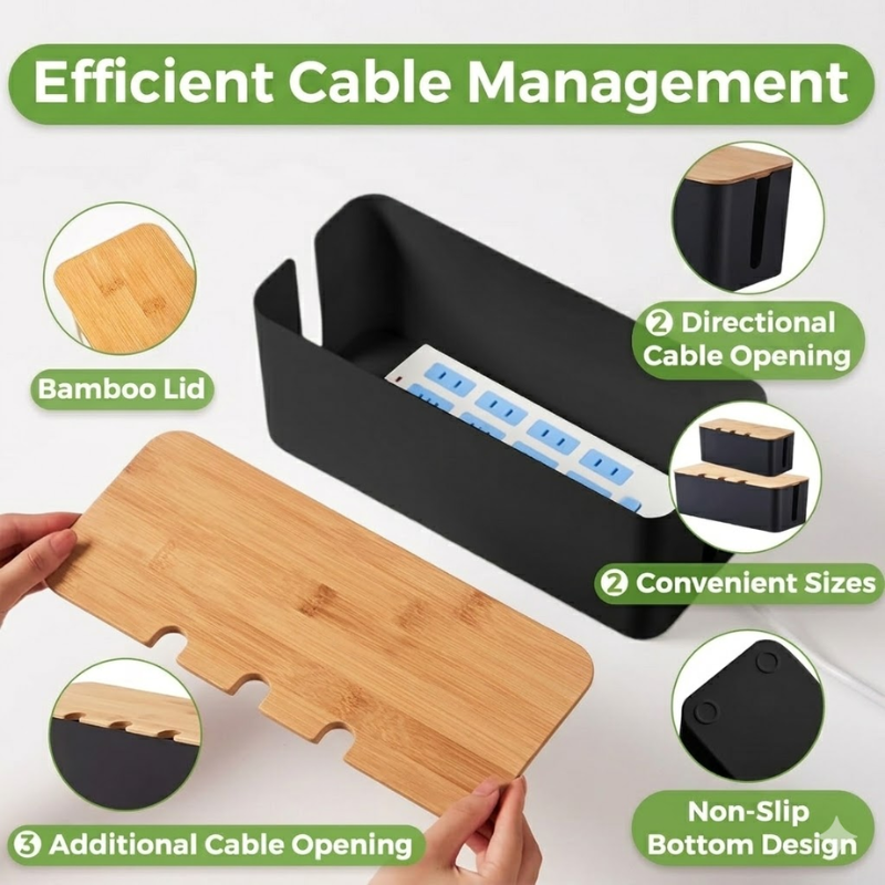 Medium Cable Management Box Black with Wooden Style Cover Cord Organizer