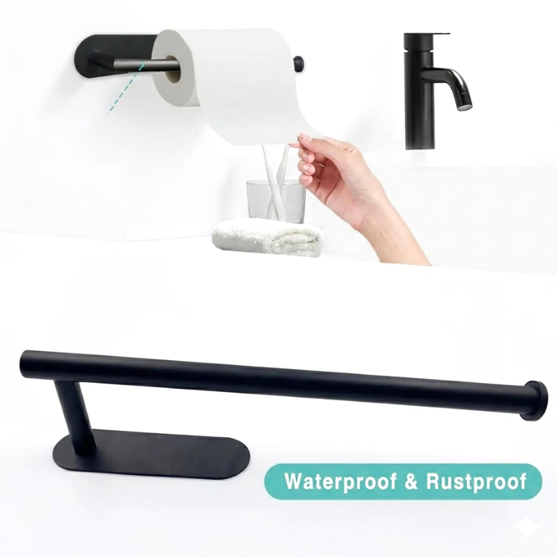 Long Black Kitchen Paper Towel Holder Adhesive Wall Mounted Tissue Roll Rack