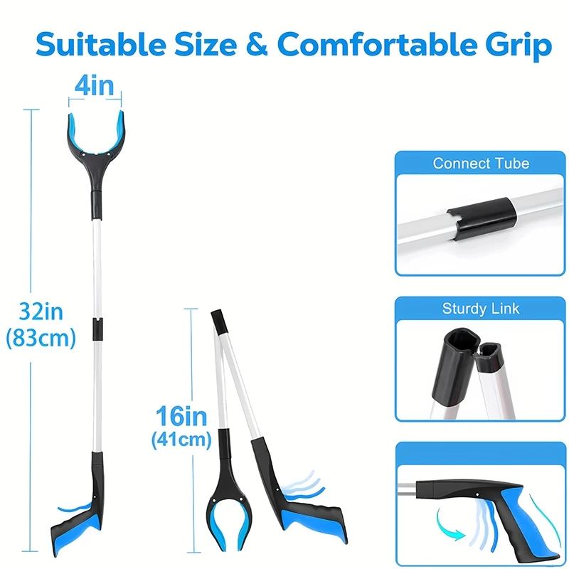 32 Inch Blue Heavy Duty Garbage Grabber with 360° Rotating Clamp Foldable Reaching Tool