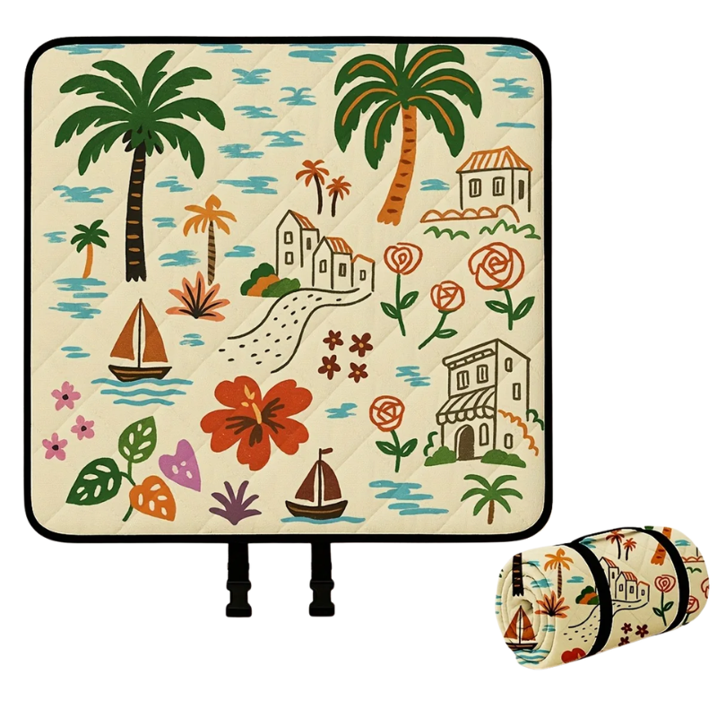 200x300cm Foldable Picnic Blanket Mediterranean Coast Soft Padded Outdoor Mat with Carry Strap for Beach Park Camping Travel